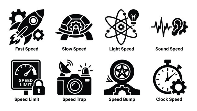 Vector set of glyph icons representing different types of speed: fast, slow, light, sound, limit and more.