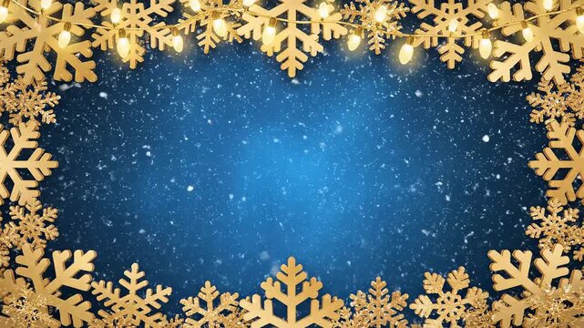 Golden snowflakes and lights on blue background