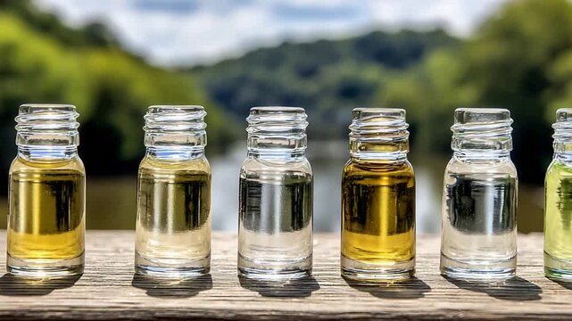Colorful small bottles of natural essence oils displayed outdoors in bright daylight.