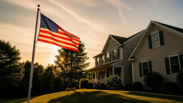 American flag waving in front of a suburban house at sunset