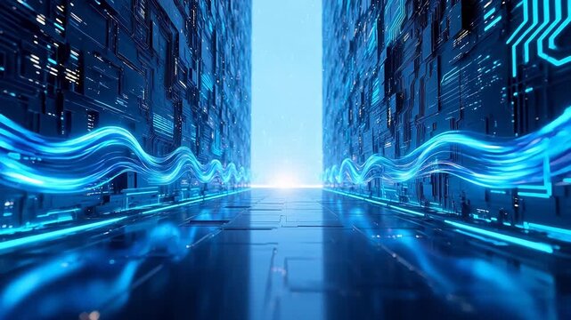 Futuristic corridor with glowing circuit patterns