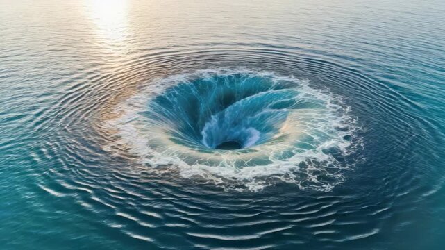 Aerial View of a Massive Ocean Whirlpool Vortex with Blue Water and White Foam