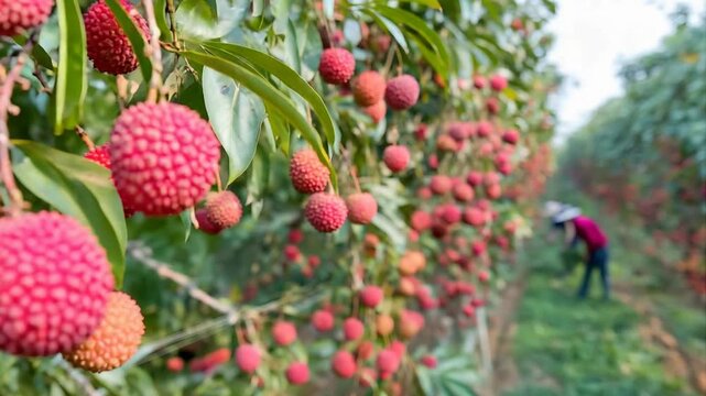 Lush Orchard Rows with Ripe Lychee Fruits and Harvester Working in Background.