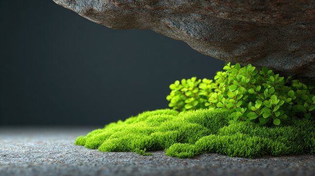 Lush Green Moss and Small Plants Growing Under a Large Rock in a Peaceful Natural Setting, Emphasizing Nature's Beauty and Resilience