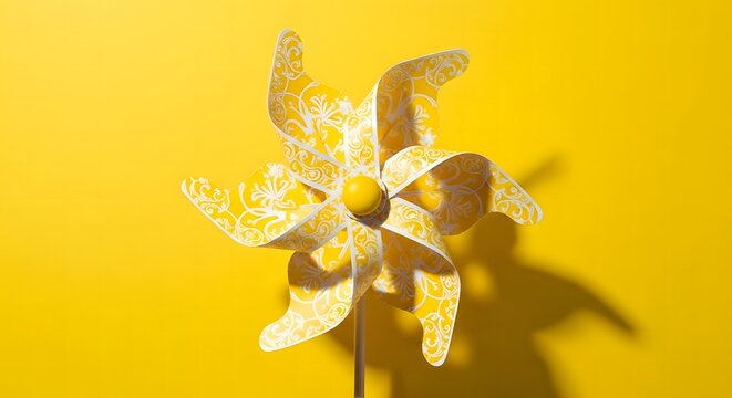 A close-up shot of a colorful pinwheel against a vibrant yellow background, with its shadow emphasizing the playful and dynamic quality of the toy. The pinwheel's design includes delicate patterns.