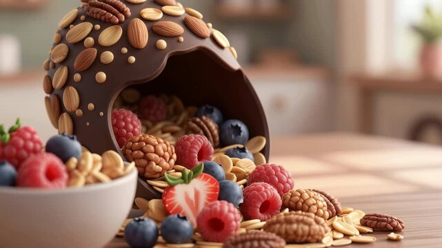 a broken chocolate bowl filled with mixed nuts, blueberries, raspberries, and a sliced strawberry, spilled onto a wooden table.