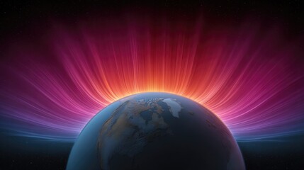 Fototapeta premium Stunning View of Earth with Vibrant Energy Waves in the Atmosphere Displaying Swirling Colors of Pink and Orange Above a Dark Cosmic Background