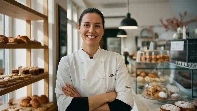 Smiling female baker standing in bakery with fresh bread and pastries on display