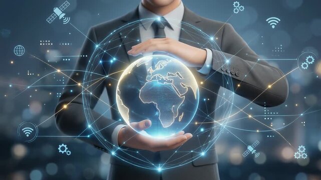 Businessman holding digital globe with global network connections technology and communication concept