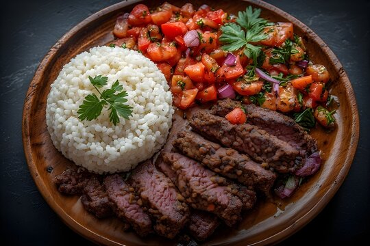 sliced nyama choma with white ugali and kachumbari on a wooden platter