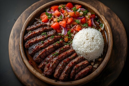 sliced nyama choma with white ugali and kachumbari on a wooden platter