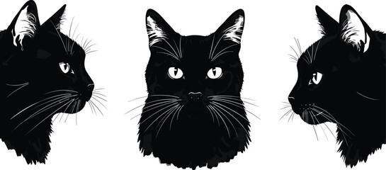 Obraz premium Black cat portrait set with front and side views, silhouette illustration for halloween, pet, mystery, and gothic design