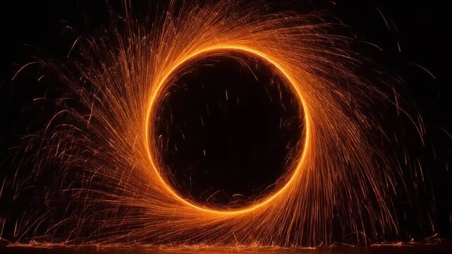 Fiery explosion with glowing flames on black background