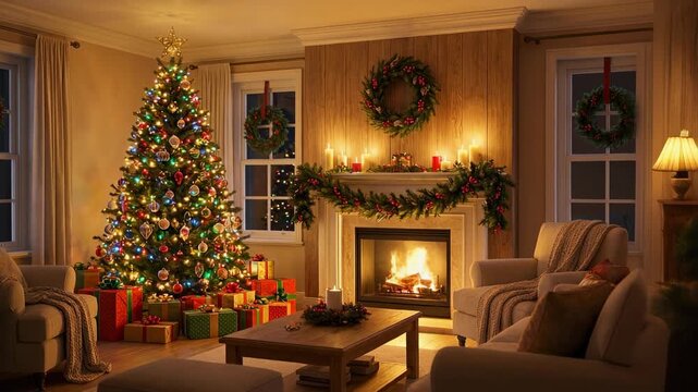 Cozy living room with decorated Christmas tree colorful gifts warm fireplace and festive holiday decorations