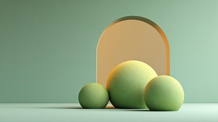 Abstract geometric shapes in soft green tones with arch display creating a serene and modern aesthetic for interior design inspiration