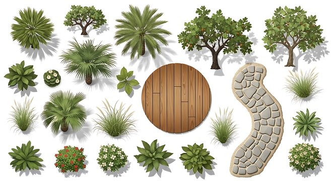 Landscaping Elements: Topiary Trees, Fruit Trees, Path and Outdoor Furniture - Top View