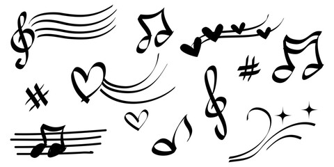 Obraz premium Collection of doodle music notes, heart, sparkle, star. Hand drawn melody music symbol. isolated on white background