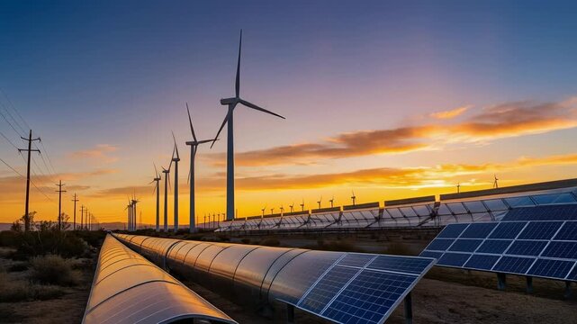 Renewable energy farm with wind turbines and solar panels at sunset in a sustainable green landscape