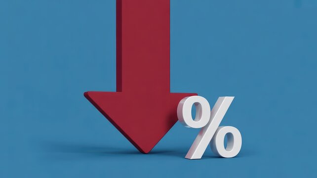 Three dimensional red downward pointing arrow next to a white percentage symbol symbolizing financial decrease or negative economic trend
