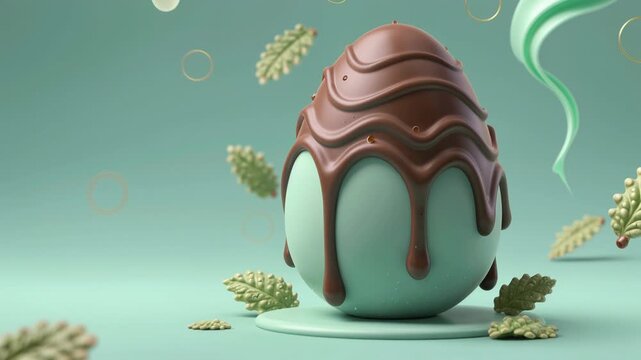 a mint-green egg-shaped object with a chocolate drizzle topping, surrounded by floating green leaves, and small golden circles in the background. A green.