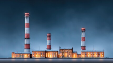 Obraz premium Industrial Power Plant with Red and White Smokestacks Illuminated Against Dark Blue Sky at Dusk
