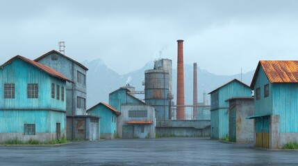 Abandoned Industrial Complex with Blue Rusty Buildings and Smokestacks Against Gloomy Sky in Mountainous Landscape