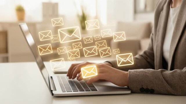 Businesswoman typing on laptop sending multiple email messages in modern office environment