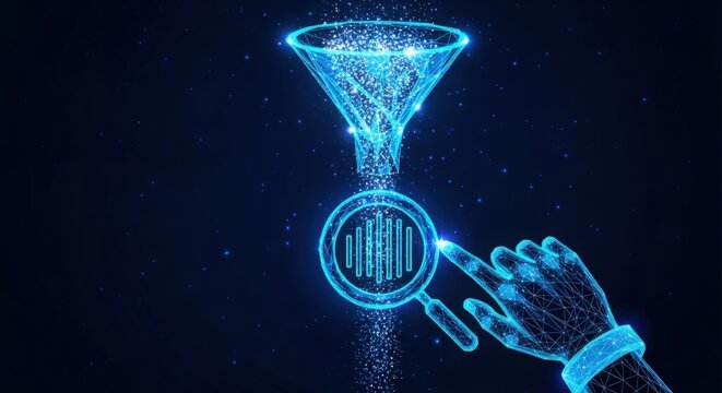 Blue lowpoly wireframe hand holding magnifying glass over data funnel