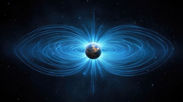 Stunning Visualization of Earth Surrounded by Magnetic Field Lines Representing the Earth's Magnetic Field and Its Protective Shield in Space