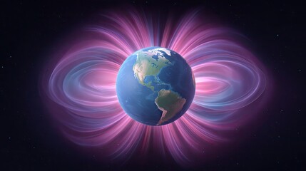 Fototapeta premium A stunning digital visualization of Earth surrounded by vibrant energy waves radiating in shades of pink and purple against a starry space backdrop