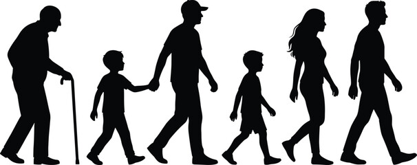 Obraz premium Human life cycle silhouettes walking from childhood to old age, family generations timeline concept isolated black vector illustration