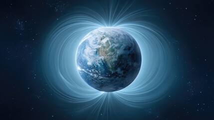 Obraz premium Stunning Illustration of Earth Surrounded by Magnetic Field and Cosmic Elements in Deep Space with Dynamic Light Effects and Starry Background