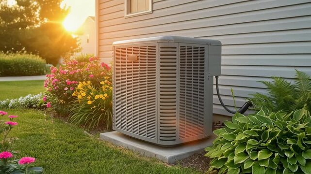 Outdoor air conditioning unit installed by house surrounded by colorful garden flowers under warm sunlight