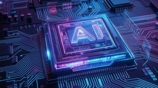 Futuristic glowing AI chip on circuit board with digital technology and innovation concept