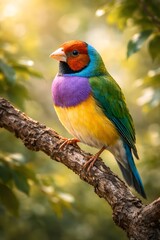 Obraz premium Colorful Exotic Bird Perched on Branch Surrounded by Natural Greenery in Soft Light During Early Morning or Late Afternoon