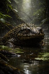 Massive Amphibian in Misty Jungle Environment Captured Near Water Surrounded by Lush Greenery and Natural Habitat Elements