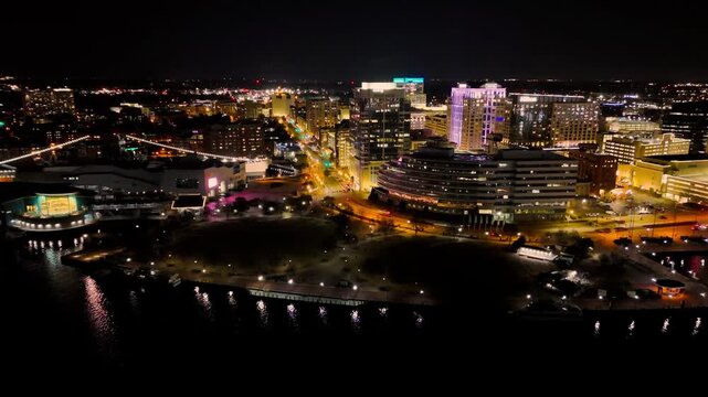 Aerial View of Downtown Norfolk Virginia Skyline and Elizabeth River Waterfront at Night