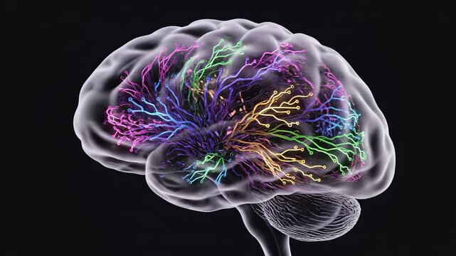 Human brain with colorful neural pathways