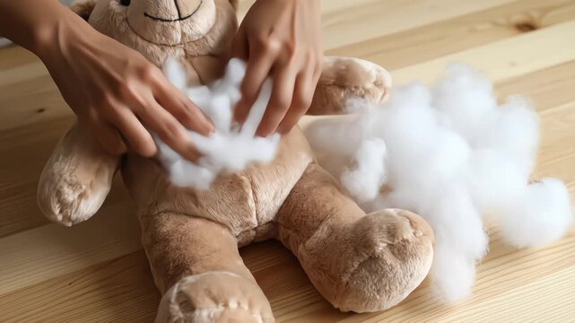 Woman Hands Stuffing Soft Plush Teddy Bear with White Fiberfill on Wooden Table