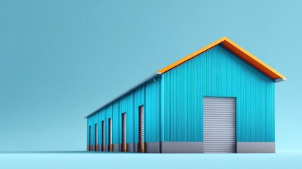 Fototapeta premium Bright Blue Storage Facility with Orange Roof Highlights and Modern Design for Industrial and Commercial Use in Urban Setting