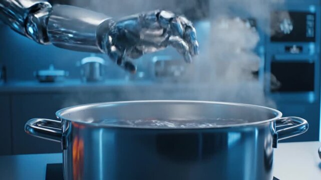A stainless steel saucepan with a handle sits on a kitchen stove cooker boiling soup or water with steam rising from the metal cookware equipment