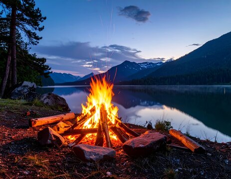 Campfire by a serene lake at dusk with mountains in the background.