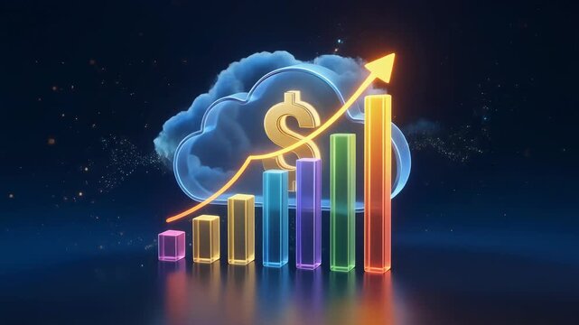 Colorful business growth chart with dollar symbol and cloud computing concept on dark background