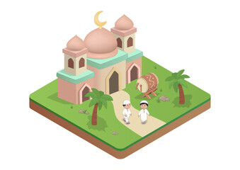 Isometric Mosque with Happy Muslim Kids and Traditional Drum