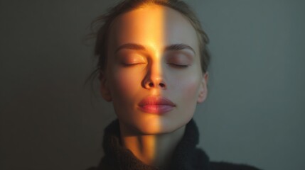 Fototapeta premium Human Face Shows Transformation From Dull Grey to Bright Golden Light With Soft Lighting in an Ethereal Setting