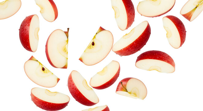 Fresh red apple slices with water droplets falling dynamically, creating a vibrant pattern isolated on a transparent background isolated on transparent background