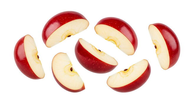 Fresh red apple slices scattered and falling on a transparent background, representing healthy eating and fruit ingredients isolated on transparent background