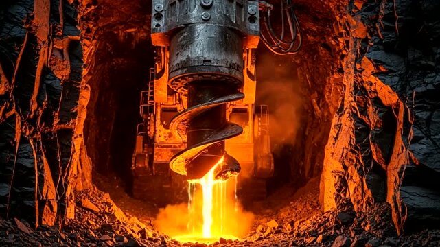 Industrial drilling machine extracting molten metal from deep underground mine.
