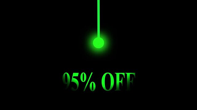 Abstract glowing 95% OFF Sale Text with Hanging Light Bulb on Dark Background, Minimalist Discount Promotion Banner for Business. 4k animation.