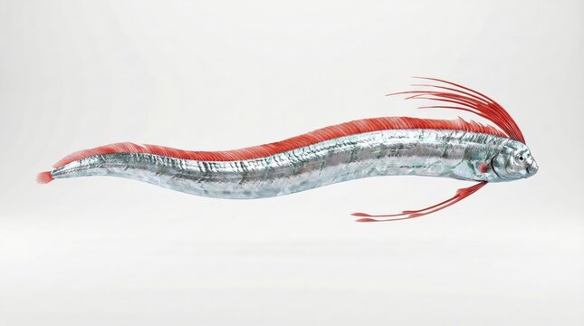A detailed 3D rendering of a long, slender, silver and red oarfish with a prominent dorsal fin and flowing fins.